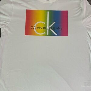 Calvin Klein Men's White T-Shirt with Rainbow Logo